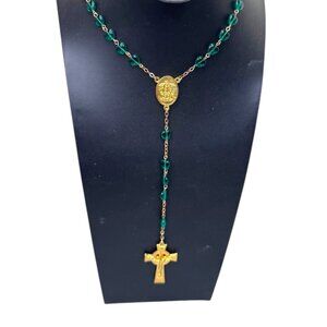 Celtic Cross Green Glass Rosary Necklace Green Glass Heart Beads Gold Tone Czech